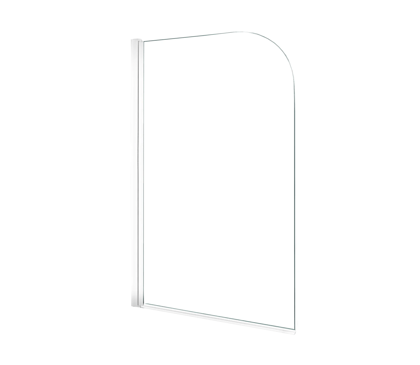 Transparante glazen badwand met afgeronde bovenhoek en aluminium profiel, ontworpen om op de rand van een ligbad te plaatsen, verkrijgbaar bij x²o badkamers.