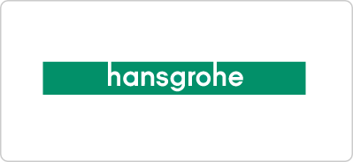 Logo de hansgrohe avec le nom de la marque en lettres blanches sur une bande verte sur fond blanc.