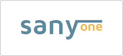 Logo van Sanyone met blauwgrijze typografie waarbij het woord “one” in geel wordt benadrukt, op een witte achtergrond.