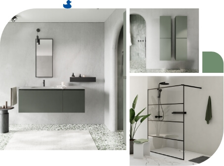 Minimalistisches Badezimmer mit schwebendem Waschbeckenmöbel, Stauraum und begehbarer Dusche mit schwarzen Akzenten.