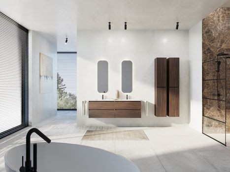 Modernes Badezimmer mit Holz-Waschbeckenmöbel, Doppelwaschbecken, beleuchteten Spiegeln und Walk-in-Dusche.