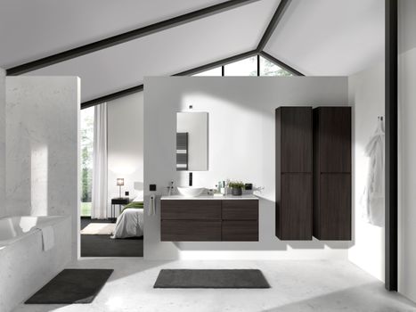 Badezimmer mit Holz-Waschbeckenmöbel, modernem Spiegel und großen Fenstern für viel Licht.