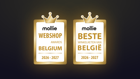 Twee gouden onderscheidingen van de Mollie Awards Belgium 2026–2027 met kroonsymbool, met vermelding van webshop en beste winkelketen van België, weergegeven als een prestigieuze erkenning voor prestaties en klanttevredenheid – X²O badkamers