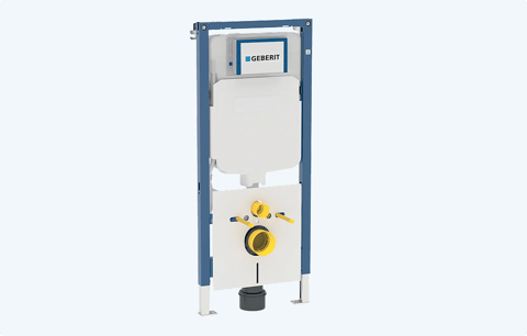Geberit Unterputz-Spülkasten von x²o Badezimmer mit Metallrahmen und integrierter Spültechnik für Hänge-WCs.