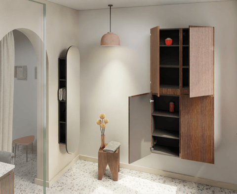 Moderne badkamerkast van x²o badkamers met hoge houten kolomkast met open vakken en gesloten deur, geplaatst in een lichte badkamer met afgeronde doorgang en zachte verlichting.