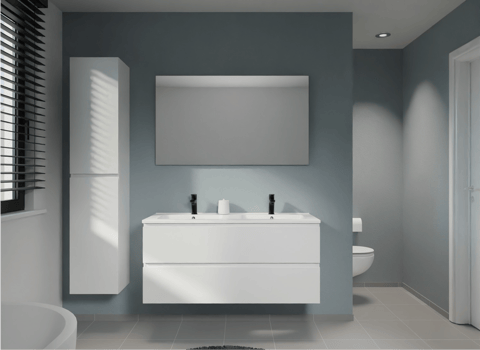 Moderne badkamer van x²o badkamers met strak wit wastafelmeubel, donkere muren en minimalistisch design met ingebouwde verlichting.