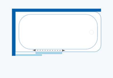 Schéma technique d’une paroi de bain extensible coulissant horizontalement sur le bord de la baignoire, avec flèches indiquant le sens de déplacement, proposé par x²o salles de bains.