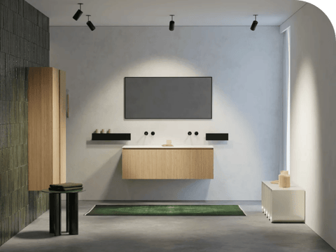 Zwevend houten badkamermeubel met geïntegreerde wastafel, modern minimalistisch design met zwarte accenten.