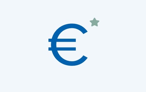 Blaues Euro-Symbol mit kleinem Stern, das den günstigen Preis und das gute Preis-Leistungs-Verhältnis von Melamin-Badmöbeln bei x²o Badezimmer darstellt.