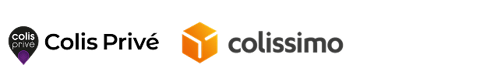 Une image sur fond sombre présentant les logos de Colissimo et Colis Privé. Ces logos montrent les partenaires logistiques utilisés par x²o salles de bains pour les livraisons en France.