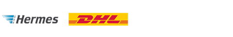 Du siehst die Logos von Hermes und DHL auf dunklem Hintergrund. Das Bild zeigt die Versandpartner von x²o Badezimmer für Lieferungen nach Deutschland.