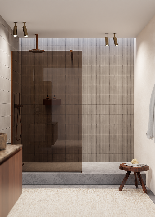 Luxuriöse Walk-in-Dusche mit bronzefarbener Regendusche und Rauchglaswand – von X2O Badezimmer.