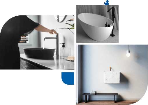 Schwarzes Waschbecken mit modernem Wasserhahn, freistehende weiße Badewanne und Marmortuchhalter.