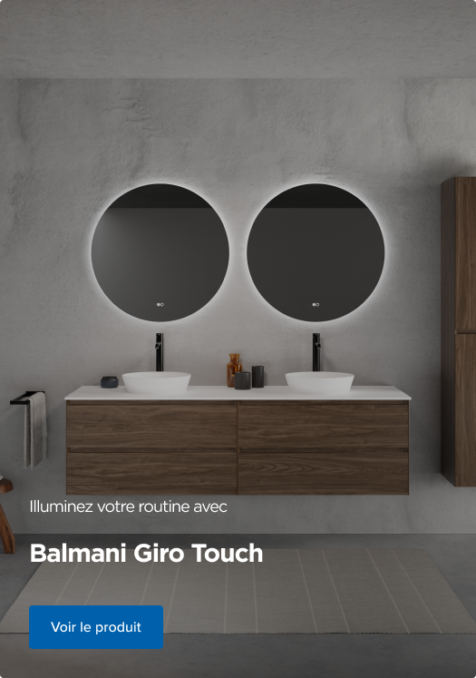 Salle de bains moderne avec tiroirs en bois, doubles vasques blanches, robinets noirs et un large miroir éclairé – Balmani Giro Touch élégant de x²o salles de bains.