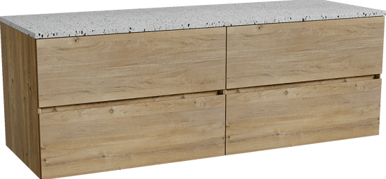 Storke Edge zwevend badkamermeubel 150 x 52 cm ruwe eik met Tavola enkel of dubbel tablet in mat wit/zwart terrazzo