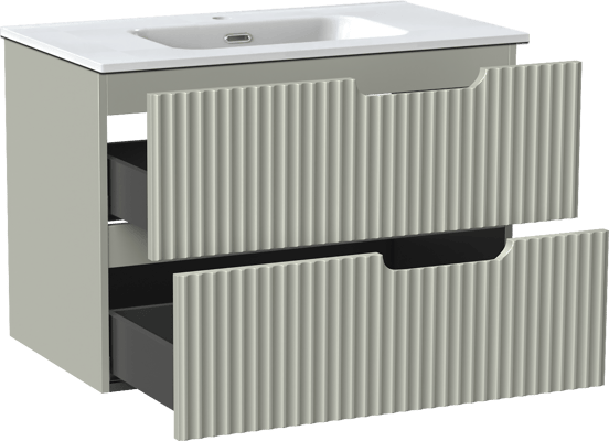 Linie Ribbo zwevend badmeubel 80 x 46 cm greige met Baro enkele wastafel in porselein hoogglans wit, Verticale symmetrische ronde ribbel