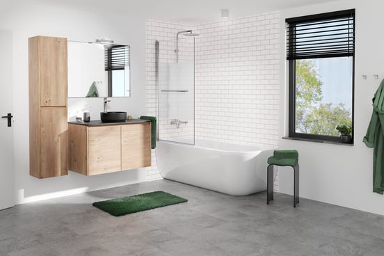 Luca Varess Kuresa enkele badwand 85cm helder glas met matte strook glanzend chroom profiel