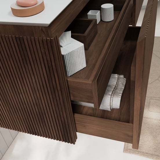 Balmani Eclips meuble salle de bains suspendu 180 x 55 cm Noyer américain avec Eclips tablette simple ou double vasque en Solid Surface blanc mat, Nervure droite symétrique verticale