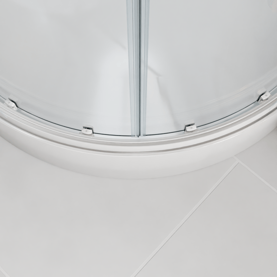 Luca Varess Talan kwartronde douchecabine met schuifdeuren 90 x 90 cm helder glas met mat gestreepte strook glanzend wit profiel