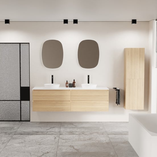 Balmani Mitra zwevend badmeubel 180 x 55 cm naturel eiken met Stretto enkel of dubbel wastafelblad in solid surface mat wit