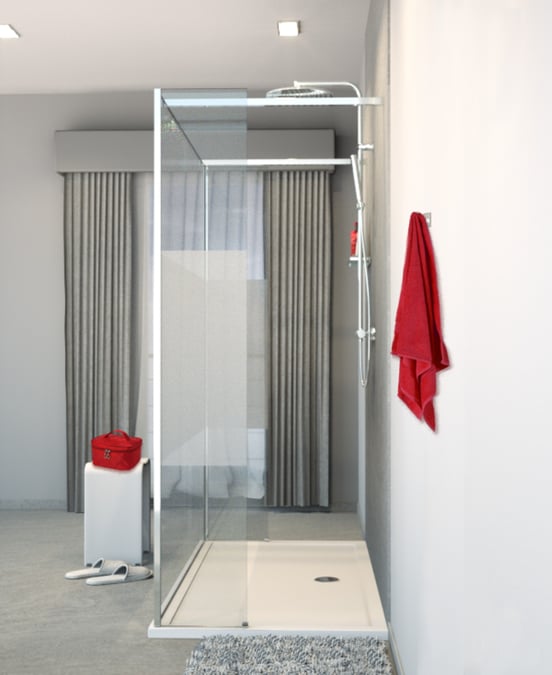 Balmani Modular inloopdouche met vrijstaande wand en vast paneel 160 x 200 cm helder glas met matte strook glanzend chroom profiel