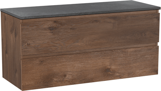 Linie Lado hängendes Möbelstück Set: 120 x 46 cm, Braune Eiche, mit Lado Einzel- oder Doppel Waschtischplatte, Melamin Schiefergrau