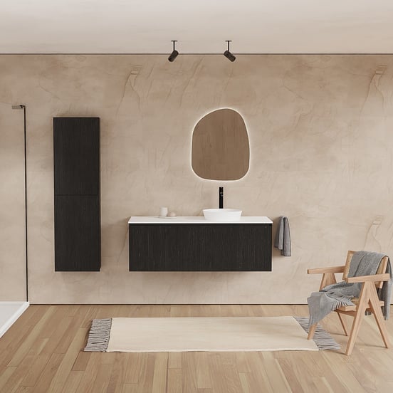 Balmani Fila zwevend badmeubel 135 x 55 cm zwart eiken met Stretto enkel of dubbel wastafelblad in solid surface mat wit, Verticale symmetrische rechte ribbel