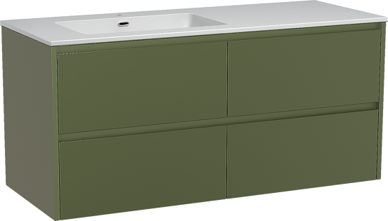 Storke Seda zwevend badmeubel 130 x 52 cm olijfgroen met Diva asymmetrisch linkse wastafel in composietmarmer hoogglans wit