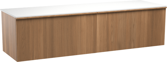 Balmani Forma zwevend badmeubel 180 x 55 cm teakhout met Stretto enkel of dubbel wastafelblad in solid surface mat wit, Verticale symmetrische rechte ribbel