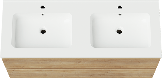 Linie Lado meuble salle de bains suspendu 120 x 46 cm chêne naturel avec Vano double vasque en marbre composite blanc brillant