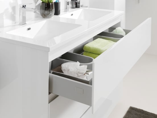 Storke Edge meuble sous-vasque a poser 120 x 52 cm Blanc Brillant 3 tiroirs 2 découpés de siphon