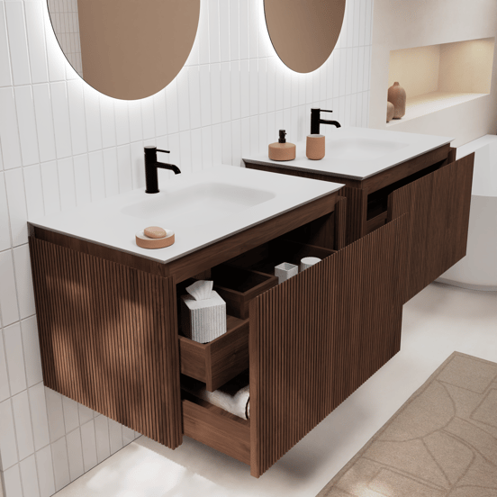 Balmani Eclips zwevend badmeubel 90 x 55 cm Amerikaans notenhout met Eclips enkele wastafel in Solid Surface mat wit, Verticale symmetrische rechte ribbel