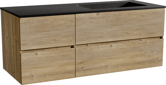 Storke Edge zwevend badmeubel 130 x 52 cm ruw eiken met Scuro asymmetrisch rechtse wastafel in kwarts mat zwart