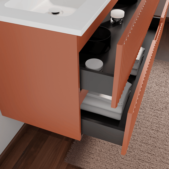 Linie Ribbo zwevend badkamermeubel 60 x 46 cm cotto met Vano enkele wastafel in composietmarmer mat wit, Verticale symmetrische ronde ribbel