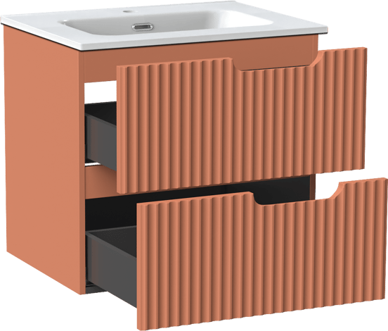 Linie Ribbo zwevend badmeubel 60 x 46 cm cotto met Baro enkele wastafel in porselein hoogglans wit, Verticale symmetrische ronde ribbel