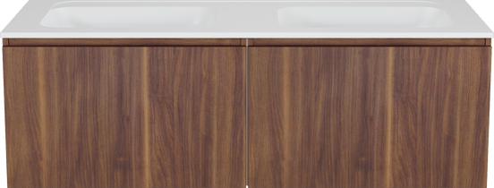 Balmani Sfera zwevend badkamermeubel 150 x 55 cm amerikaanse notelaar met Tablo Strada dubbele wastafel in composietmarmer mat wit