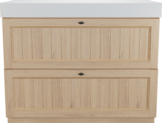 Balmani Lemon staand badkamermeubel 120 x 55 cm, fineer natuur eik met Wave enkele wastafel voor 2 kraangaten in mat wit