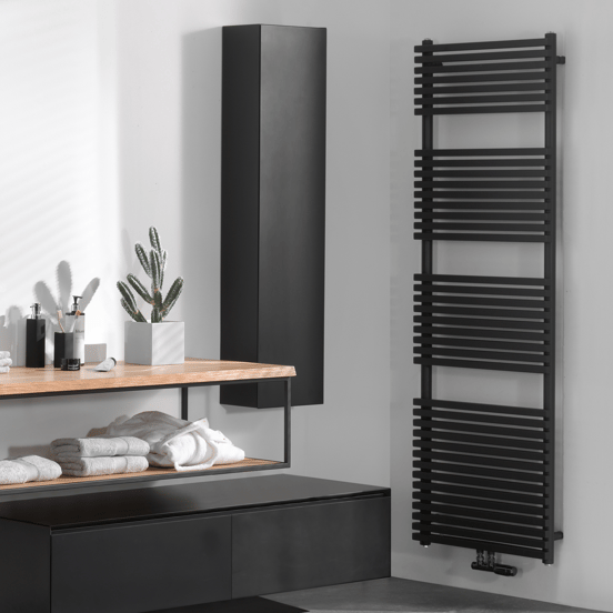 Vipera Vesuvio enkele handdoekradiator 50 x 180 cm elektrische verwarming mat zwart zij- en middenaansluiting 1.205W, weerstand inbegrepen