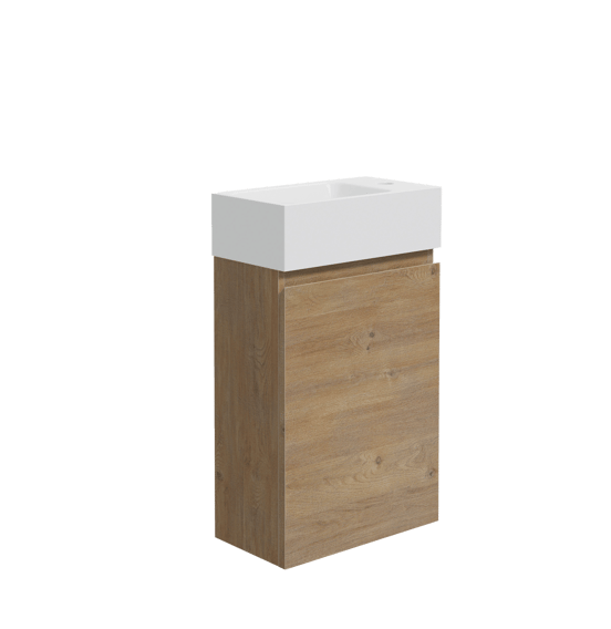 Linie Lado hängendes Badmöbel Set (Gäste WC): 40 x 22 cm, Eiche Natur, Vano Waschtisch, Marmorkomposit, glänzend