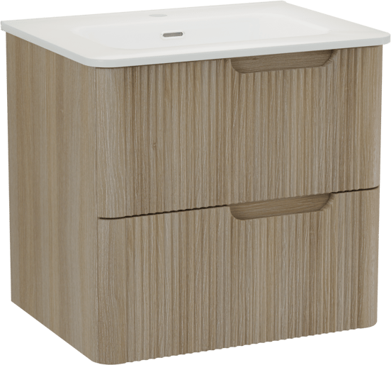 Linie Curvo zwevend badkamermeubel 60 x 46 cm lichte eik met Baro Curvo enkele wastafel in porselein glanzend wit, Verticale symmetrische ronde ribbel