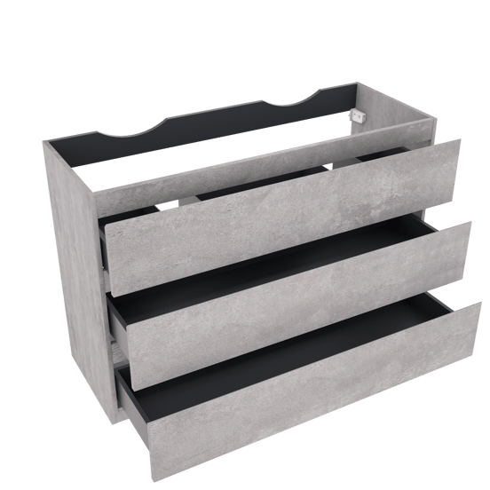 Linie Lado stehender Waschbeckenunterschrank: 120 x 46 cm, Beton dunkelgrau, 3 Schubladen, 2 Siphonaussparungen