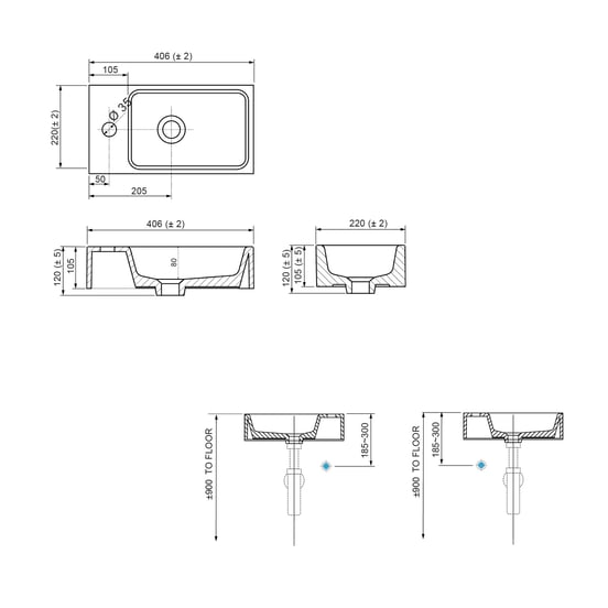 Linie Lado hängendes Badmöbel Set (Gäste WC): 40 x 22 cm, Eiche Natur, Vano Waschtisch, Marmorkomposit, glänzend
