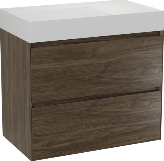 Balmani Mitra Compact meuble salle de bains suspendu 80 x 46 cm Noyer américain avec Argila plan vasque asymétrique à gauche en marbre composite blanc mat