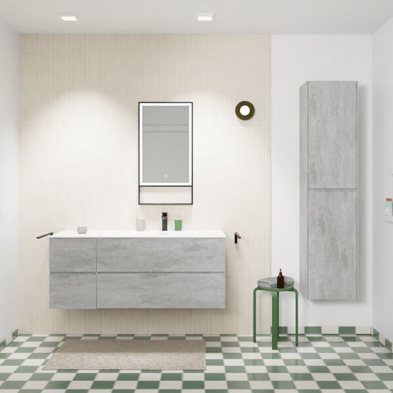 Storke Edge meuble salle de bains suspendu 130 x 52 cm béton gris foncé avec Mata plan vasque asymétrique à droite en solid surface blanc mat