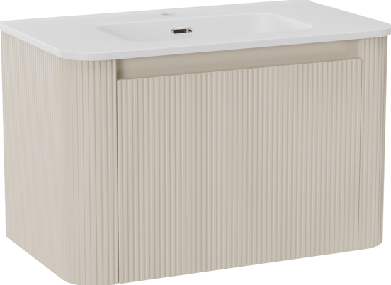 Storke Soft zwevend badmeubel 80 x 46 cm Sand mat met Kera Soft enkele wastafel in porselein mat wit, Verticale symmetrische rechte ribbel