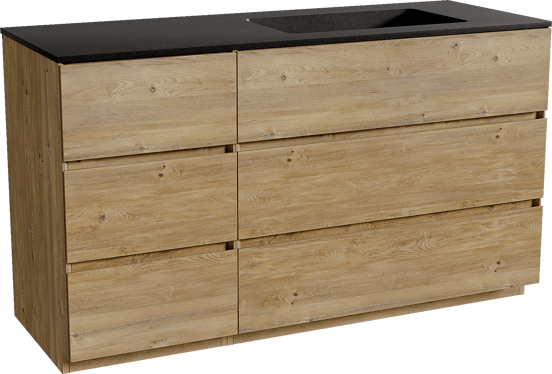Storke Edge staand badmeubel 140 x 52 cm ruw eiken met Scuro asymmetrisch rechtse wastafel in kwarts mat zwart