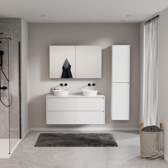 Storke Seda zwevend badmeubel 130 x 52 cm mat wit met Tavola enkel of dubbel wastafelblad in solid surface mat wit