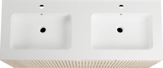 Linie Ribbo zwevend badkamermeubel 120 x 46 cm lichte eik met Vano dubbele wastafel in composietmarmer mat wit, Verticale symmetrische ronde ribbel