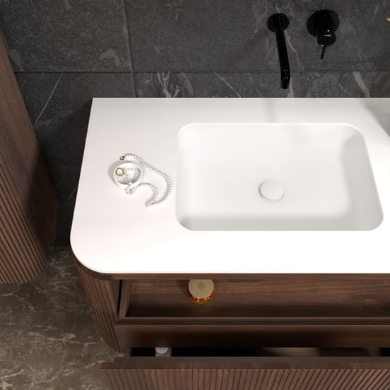 Balmani Moon zwevend badmeubel 160 x 55 cm amerikaans notenhout met Moon dubbele wastafel in solid surface mat wit, Verticale symmetrische rechte ribbel