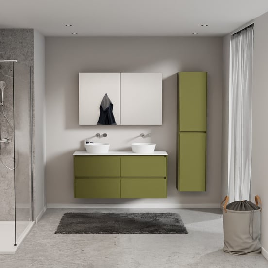 Storke Seda zwevend badmeubel 130 x 52 cm olijfgroen met Tavola enkel of dubbel wastafelblad in solid surface mat wit